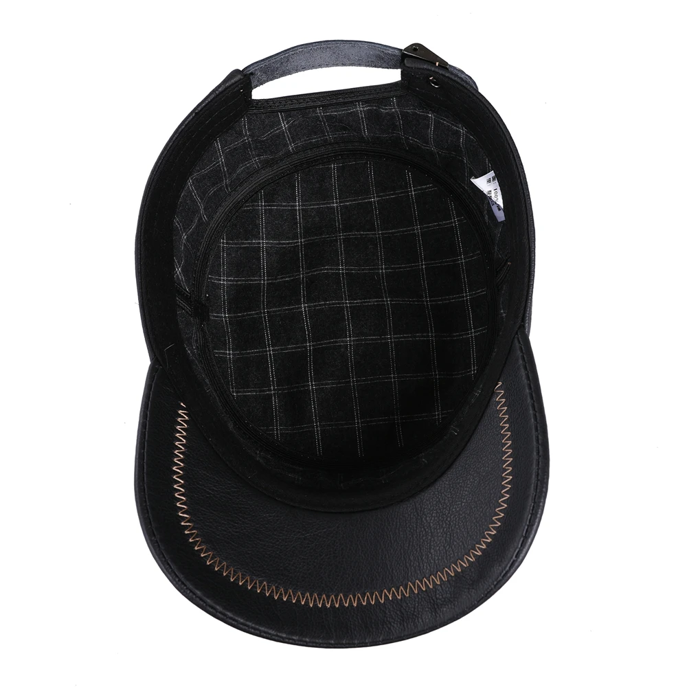 BOONJOVIA Men's Flat Top Cap 100% Real Cowhide Leather Military Style Caps Cadet Army Hats