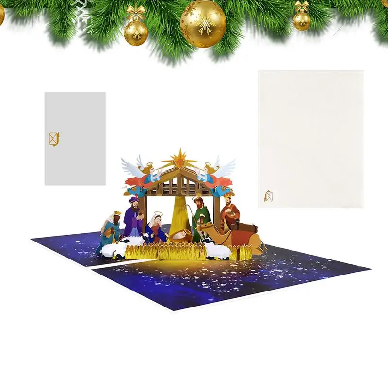 Merry Christmas Christian Jesus In Manger Outdoor Image 3D Pop Up Card Nativity Scene For Birthday Greeting