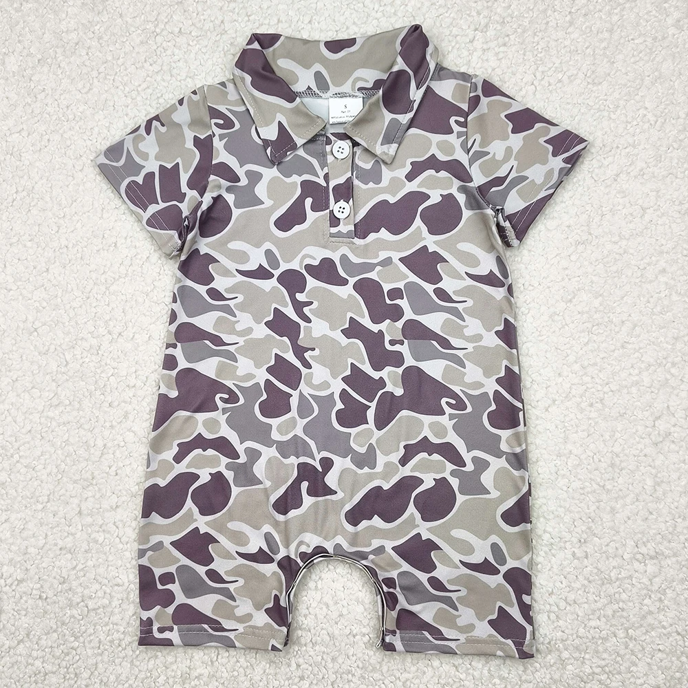 Boutique Infant Baby Boys Rompers Short Sleeves Gray Camo Button Rompers Fashion Summer Toddler Boys Bubbles Onesie Kids