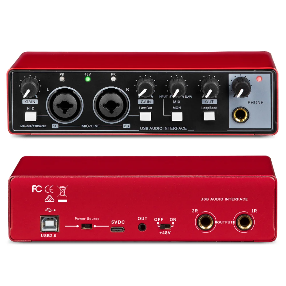 MD22 Zewnętrzna karta dźwiękowa do nagrywania Interfejs audio USB Karta dźwiękowa audio Zasilanie Phantom 48 V 24-bit/192 KHZ z monitorem Loopback