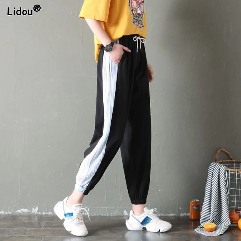 2023 Women's Clothing New Loose Spring Summer Thin Elastic Waist Pockets Side Stripe Lacing Patchwork Fashion Casual Harem Pants