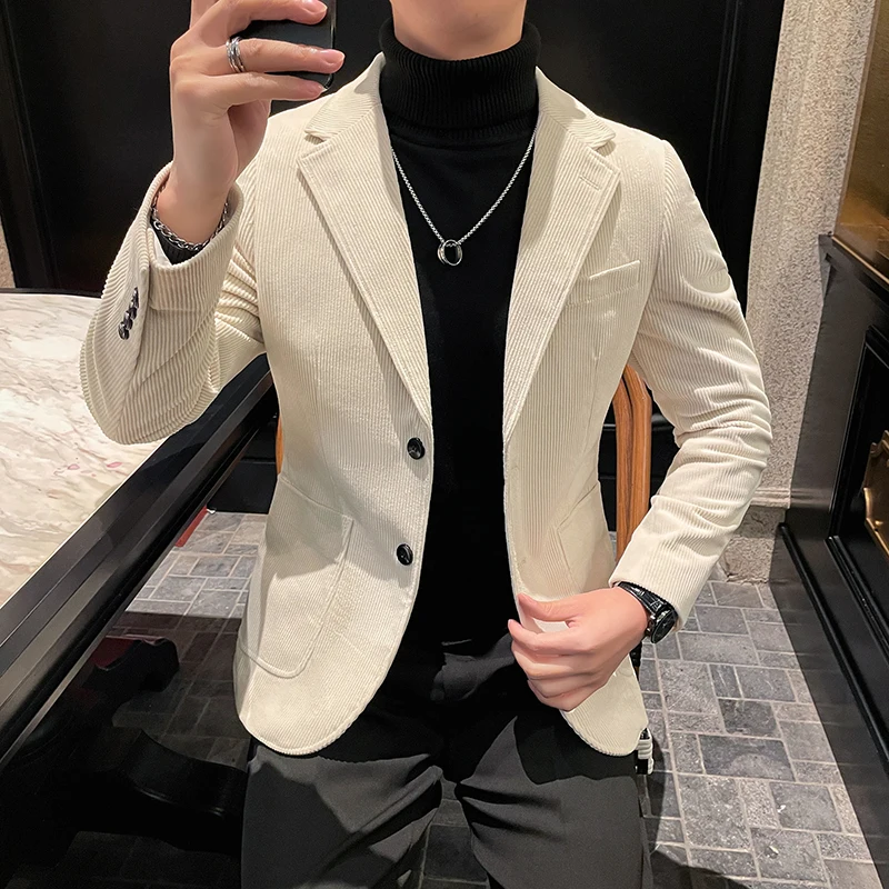 

High Quality Fashion Everything Trend Handsome Casual Beige White Winter Corduroy Suit Jacket Men Slim Korean Suit Thick Top