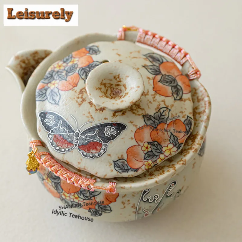 200ml Caramel Glaze Peach Butterfly Handheld Teapot Ancient Tea Infuser Pot Tea Brewing Kettle With Filter Tea Set Ornaments