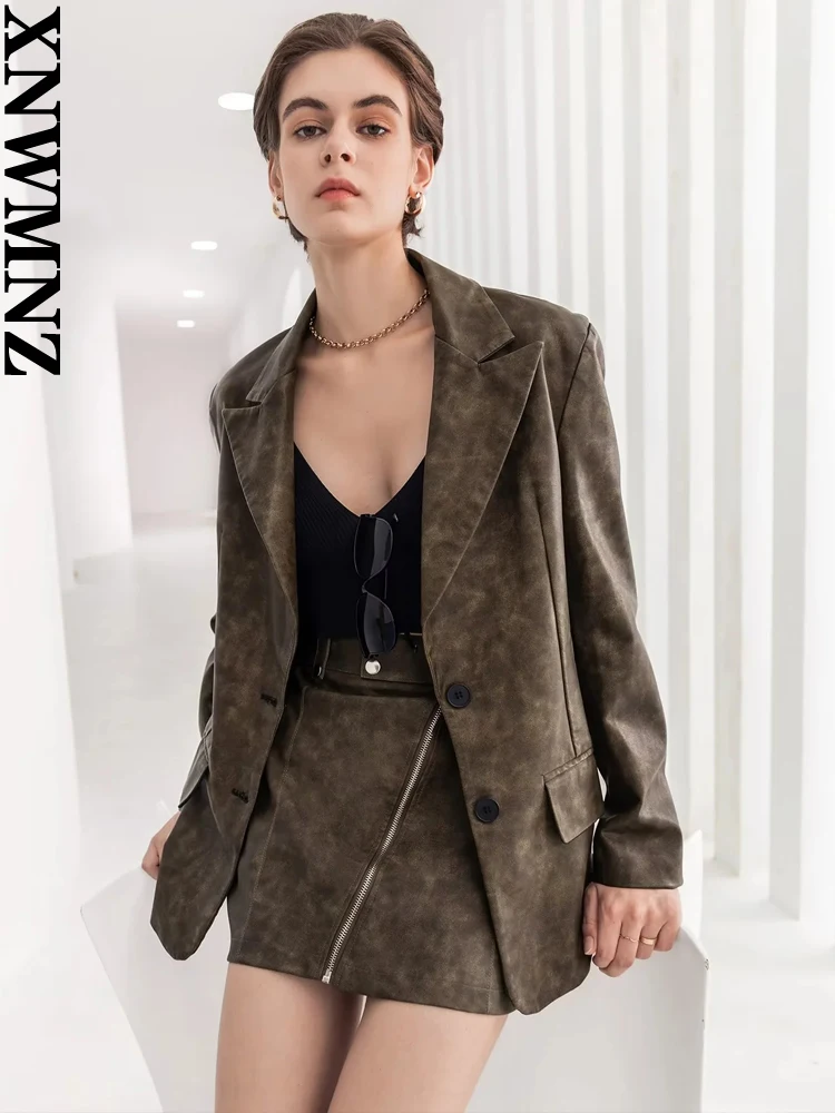 

XNWMNZ Women's Fashion Washed Faux Leather PU Single Breasted Blazer or High Waist Zipper A-line Mini Skirt Female Two Piece Set