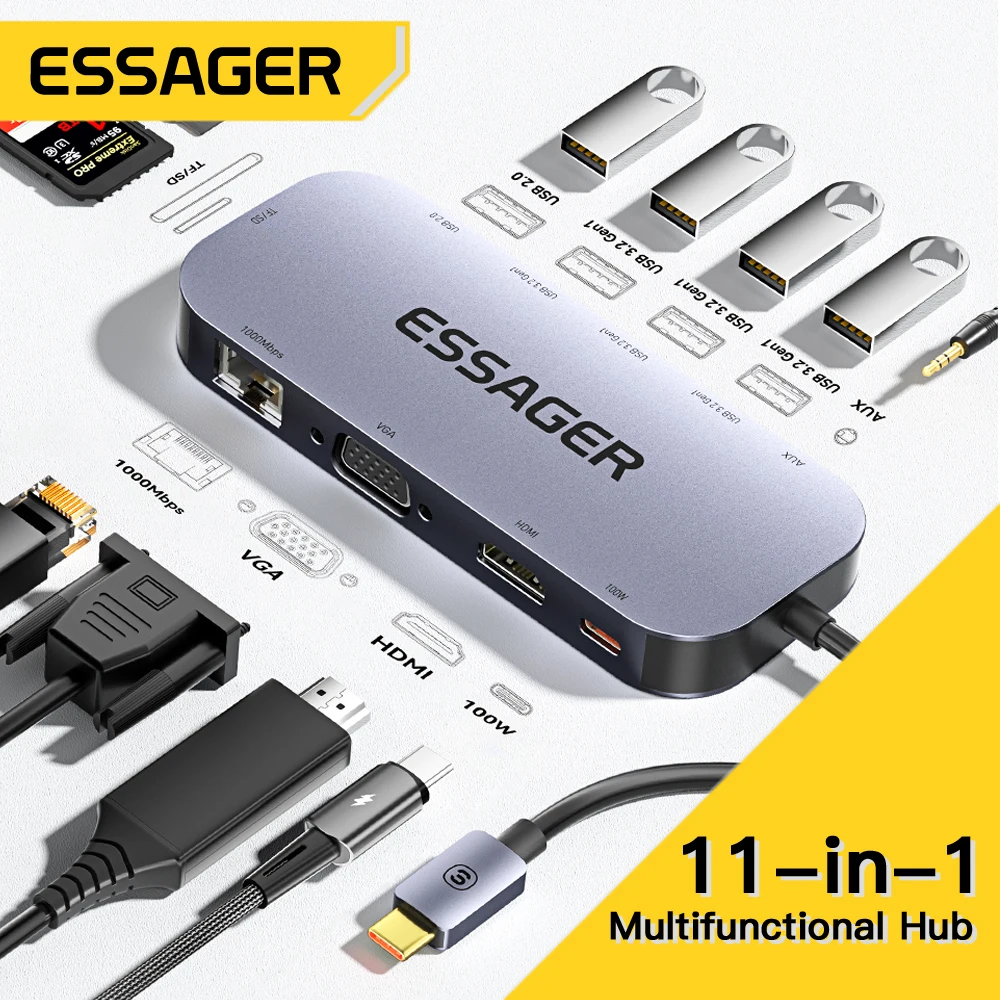 Essager-estação de Ancoragem Universal para Macbook Air Pro Hub Usb 11-em1 Compatível com Hdmi Vga 4k 30hz tipo c Divisor de Adaptador