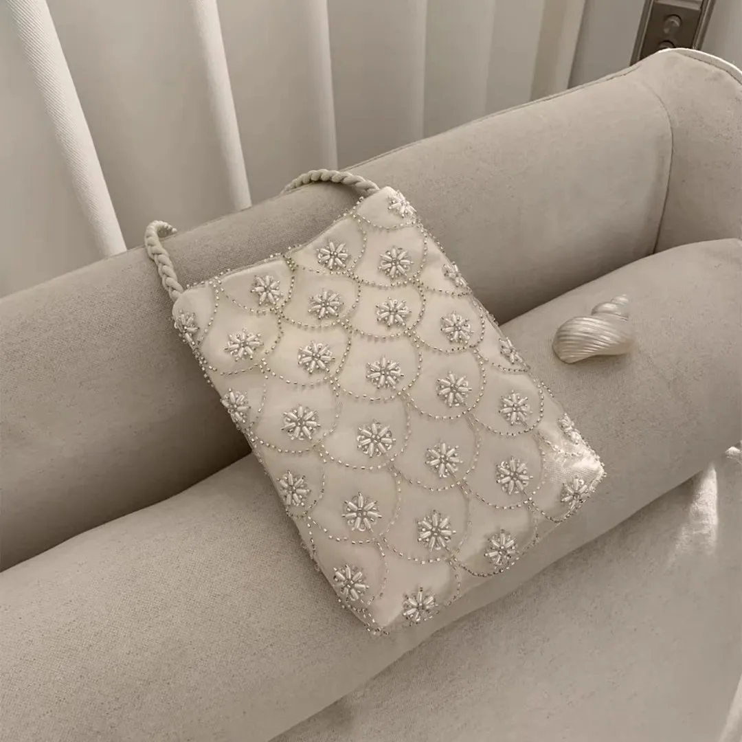 Elegant Embroidered Bead Clutch Bag for Women Casual Style PU Material Shoulder Crossbody Bag for Evening Gown Sweet Lady