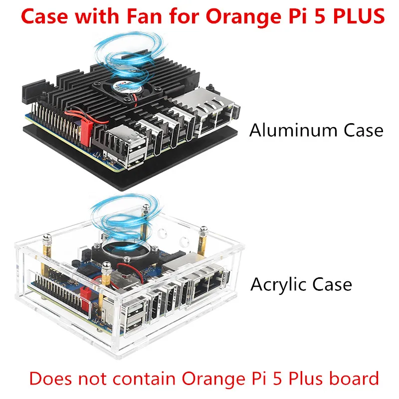 

Orange Pi 5 Plus Case Aluminum Shell Active Passive Cool Shell with Silicone Heat Sink Fan Acrylic Case with Fan for OPI5 Plus
