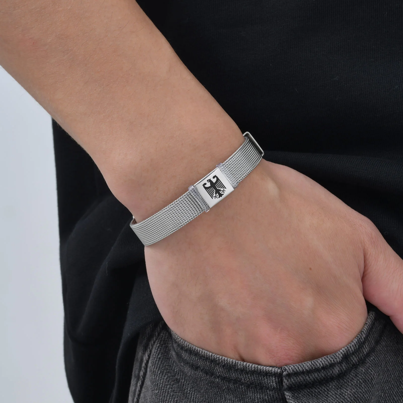 German Eagle Bracelet for Men Boys,Stainless Steel Mesh Adjustable Wristband,Germany Jewelry Gift