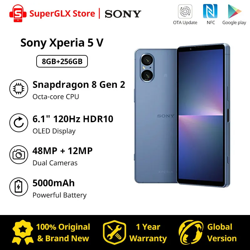 

2023 New Original Sony Xperia 5 V Snapdragon 8 Gen 2 6.1'' 120Hz OLED Display Android 13 5000mAh Battery 48MP Dual Cameras