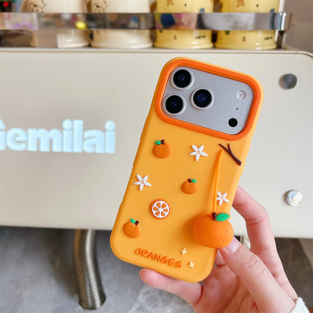 Cute 3D Orange Silicone Case with Pendant - Fun and Shockproof Cover