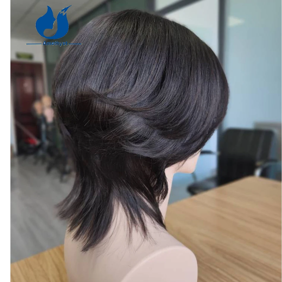 Amethyst Pre Styled Men's Mullet Wig Wolf Cut Natural Wave Layers Middle Part Remy Human Hair Short Cut Pre Plucked for Boys