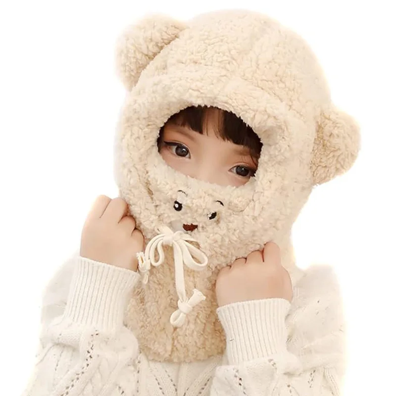 Bear Scarf Hat Mask All-in-one Female Winter Lambswool Hooded Mask Scarf Riding Plush