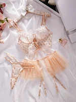 2024 Hot Sales New Fashion Diamond Lattice Embroidery Sexy Women'S Underwear Three-Piece Strappy Mesh Tutu Erotic Bra Thong Set 6