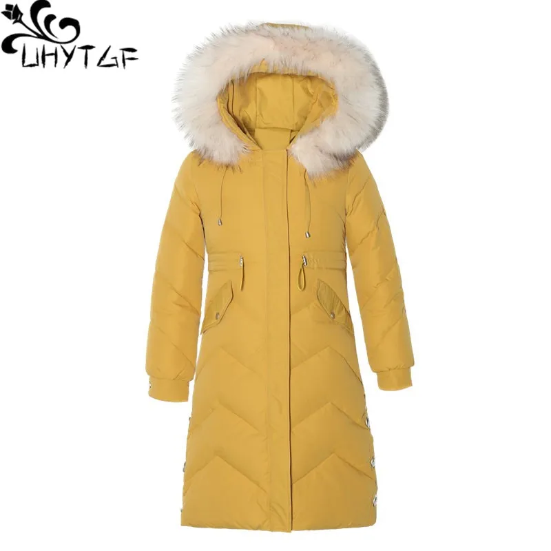 

UHYTGF Women's Coat Down Cotton Parkas Overcoat Female Fur Collar Hooded Windproof Winter Jackets Ladies Warm Long Outewear 2257