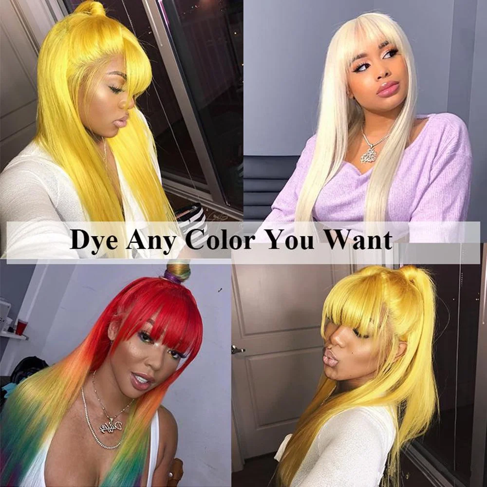 613 Honey Blonde Straight Human Hair Wig With Bangs Remy Hair Fringe Wigs For Women 180%Full Density Machine Made Wig With Bangs 5
