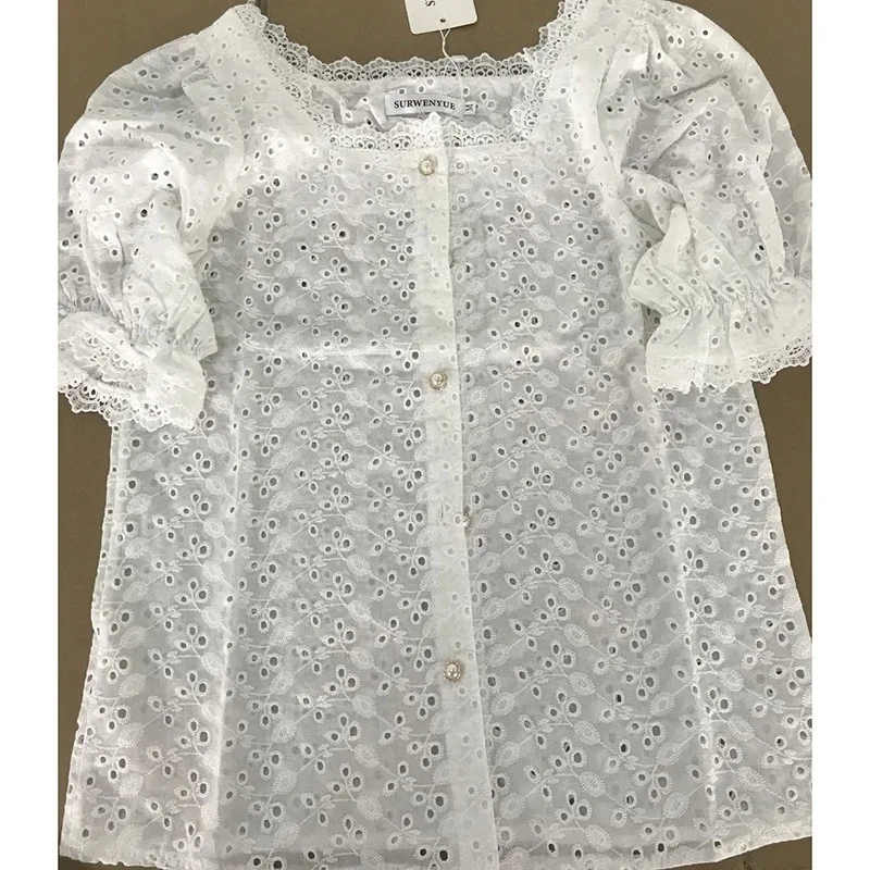 New Fashion Square Neck Lace Women's Button Shirt Hollow Short Sleeve Petal Sleeve Elegant Solid Color Women's Top 13934