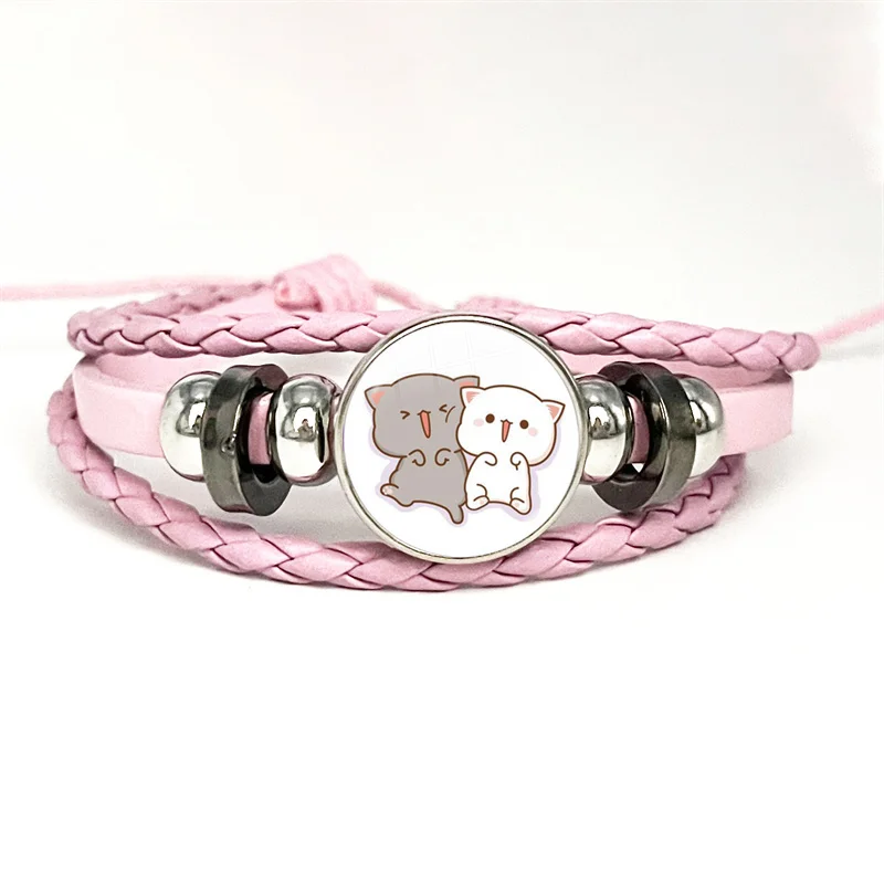 Net Red Cute Couple Mitao Cat Pink Leather Bracelet Glass Cabochon Button Multilayer Bangles Wristband Gift 5