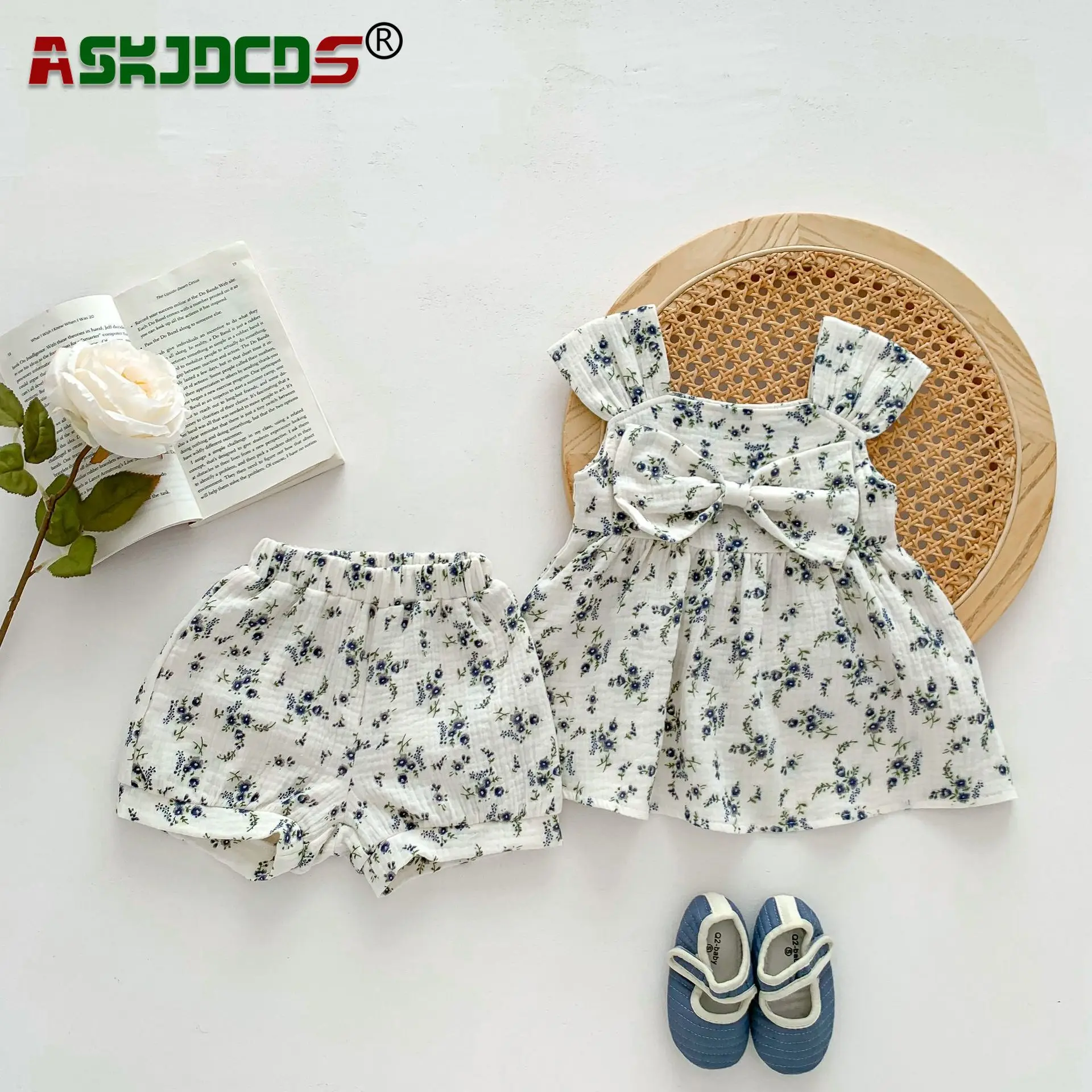 

Summer Kids Baby Girls Pastoral Style Sling Big Bow Floral Top Tees Shorts Infant Children Pure Cotton Clothing Set 2pcs