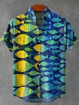 New Man Retro Style Fish Print Men's Casual Linen Fabric Comfortable Short Sleeve Button-Up Shirt