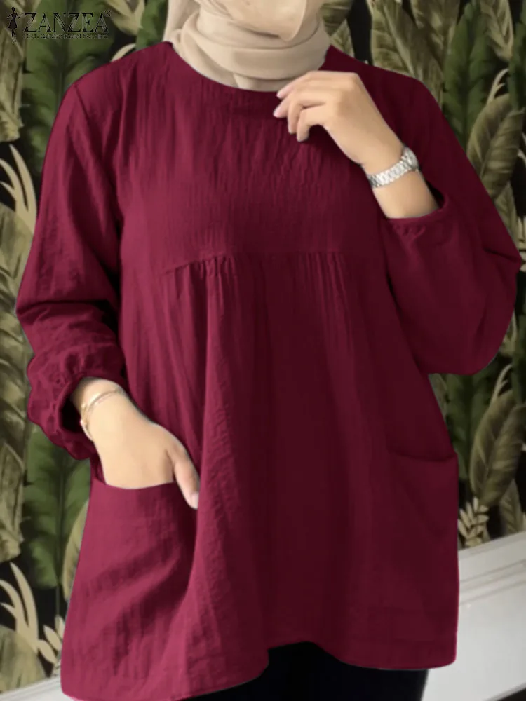 

Muslim Hijab Tops Women's Autumn Blouse ZANZEA Casual Long Sleeve Party Work Shirt Solid Islamic Clothing Turkey Blouses Kaftan