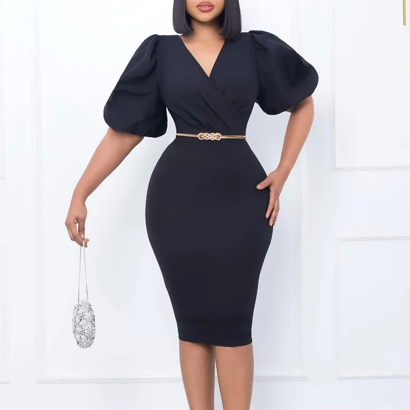 Women Summer New Arrival Half Sleeved Design Sense Puff Sleeved Stylish V-Neck Zipper Upscale Solid Color Belt Office Lady Dress fedonas new arrival women office