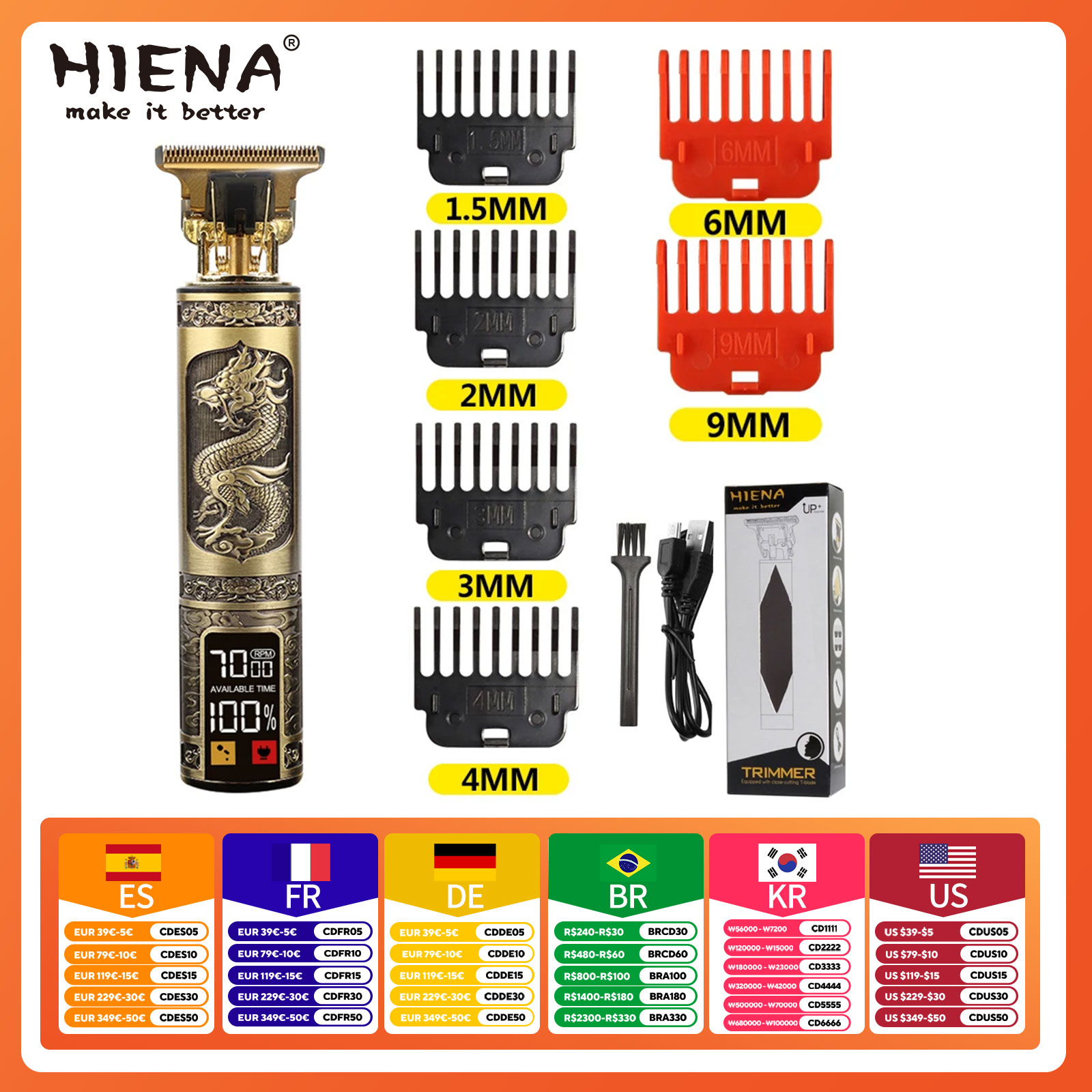 USB Electric LCD Hair Clipper Trimmer All In One Gold Light Head Rechargeable Hair Clipper Oil Head Hair Carving Mark Razor