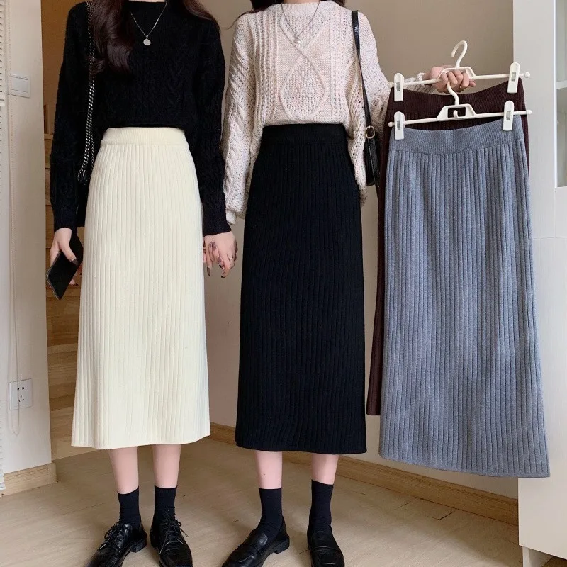 Black Knitted Women's Small Slit Office Lady Sheath High Waist A- line Midi Wool Skirt