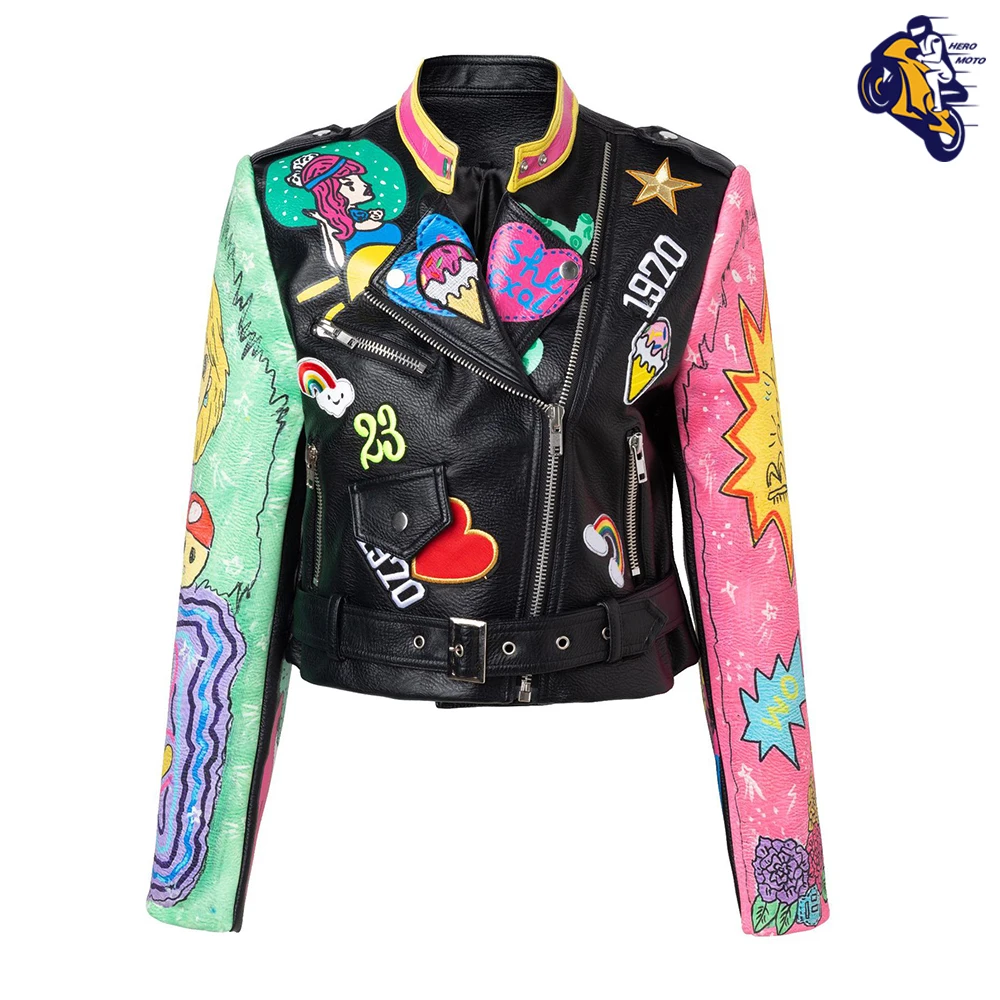 

Женская мотоциклетная куртка из искусственной кожи, разноцветная Лоскутная куртка, мотоциклетная куртка с воротником-стойкой и граффити, Байкерская Одежда