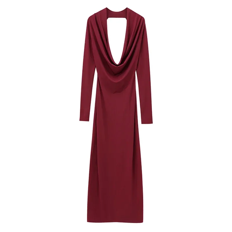 Elegant Hang Neck Burgundy Long Party Dress Women Halter Full Sleeve Maxi Dresses Autumn Lady Slim Hip Package Gowns New