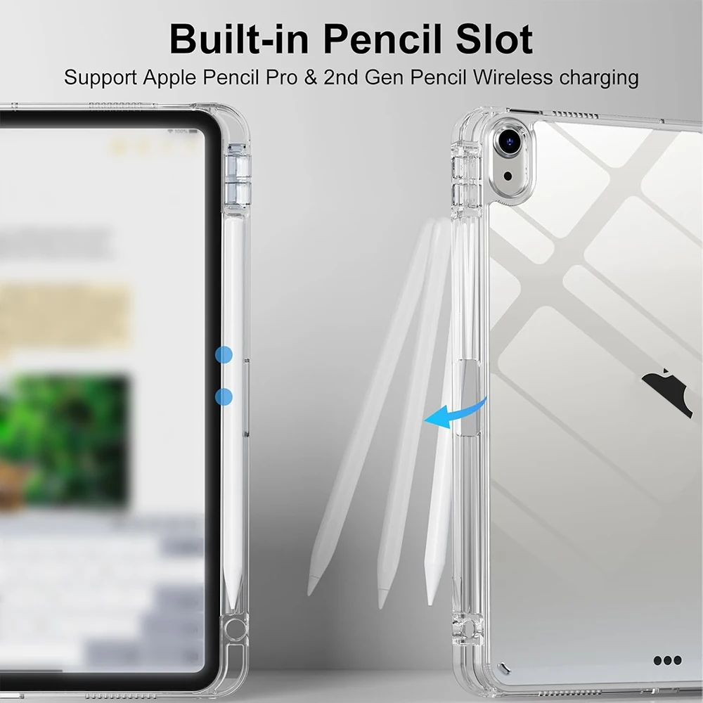 Sleek Transparent Acrylic Back Cover Trifold Stand Tablet Case with Pen Slot
