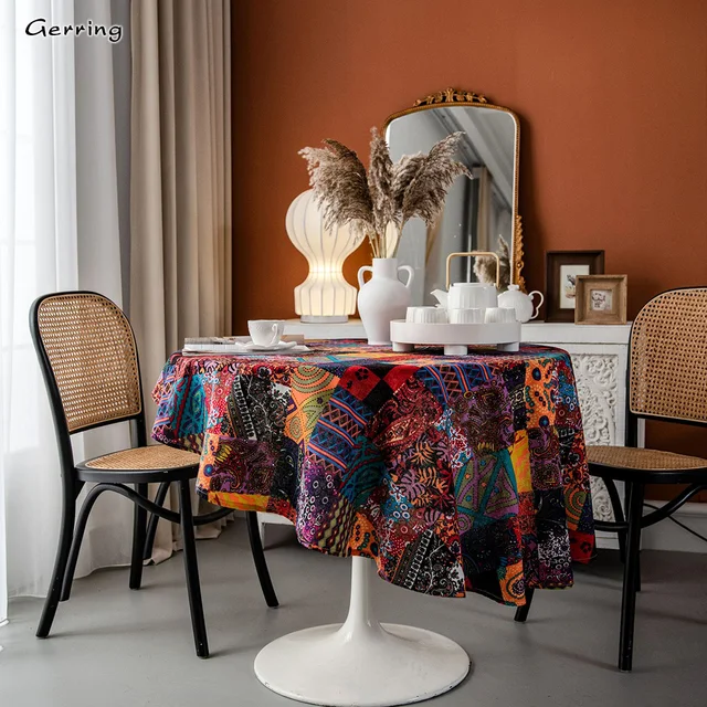 Gerring Boho Kerek Terítő Többszínű Nyomtatott Dohányzóasztal Borító Karácsonyi Nappali Étkezőasztal -Ruhával Buli Rendezvényekhez