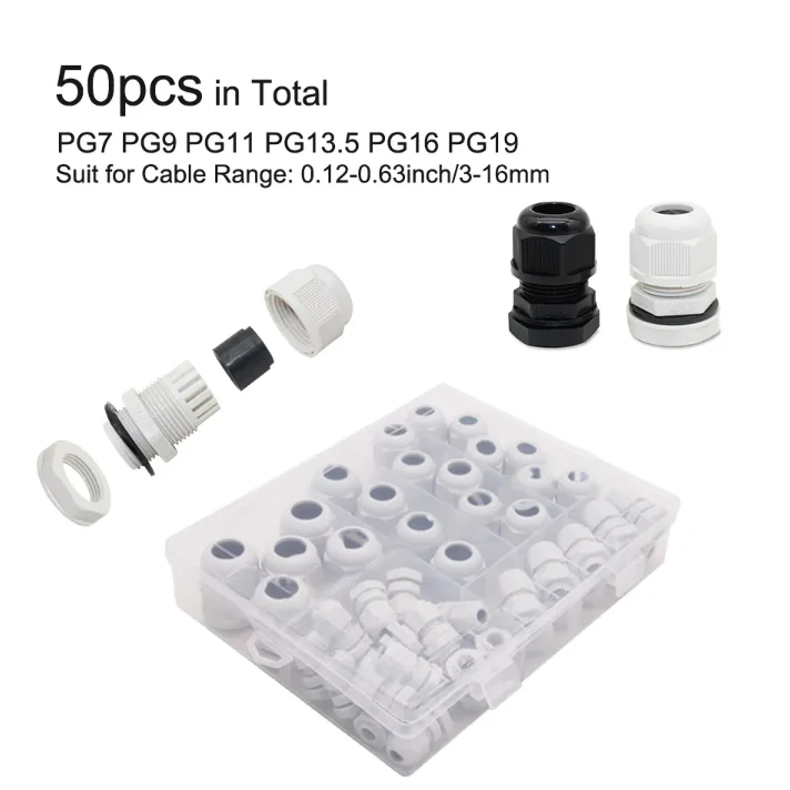 50pcs Plastic Cable Glands Waterproof PG7 PG9 PG11 PG13.5 PG Thread Cord Grips Connectors Wire Mangement Joint Set Box Outdoor