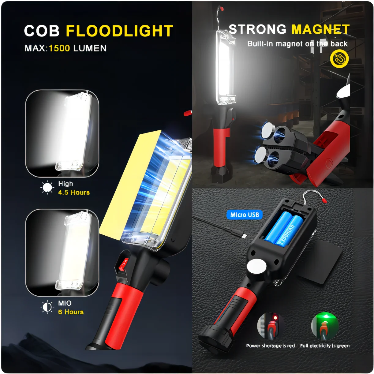 LED Flashlight 1pcs USB Rechargeable COB Work Light