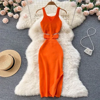 YuooMuoo Women Dress Sexy Cut Out Waist Package Hips Split Bodycon Dress Summer Fashion Lady Knitted Party Vestidos Sundress 1