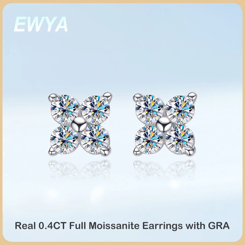 

EWYA Trendy D Color 0.1CT 3mm Clover Moissanite Stud Earrings For Women Party Fine Jewelry S925 Sterling Silver Diamond Earring