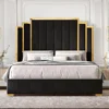 Bed Frame and 65" Headboard, Upholstered bed with Golden Plating Trim, Modern Platform Bed No Box Spring Needed, 1