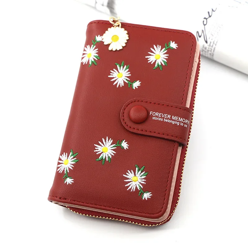 Women Long Wallets 2021 Fashion Design Embroidery Daisy Card Holder Large-Capacity PU Coin Purse Simple Zipper Money Bag Wallets 5