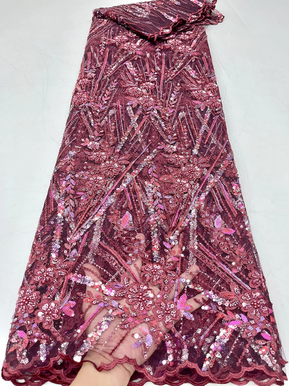 

5 Yard Wine African Net Lace Fabric With Sequins 2022 High Quality French Tulle Lace Nigeria Guipure Material For Wedding Dress