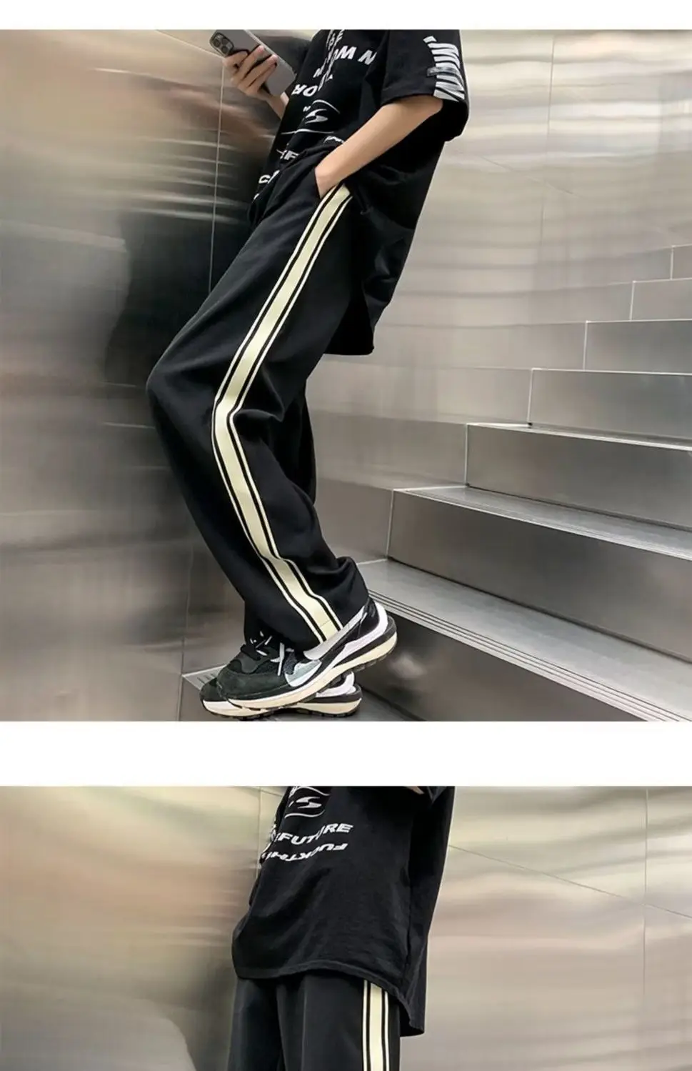 American street men and women trendy retro striped patchwork straight casual pants for spring and autumn loose wide leg pants