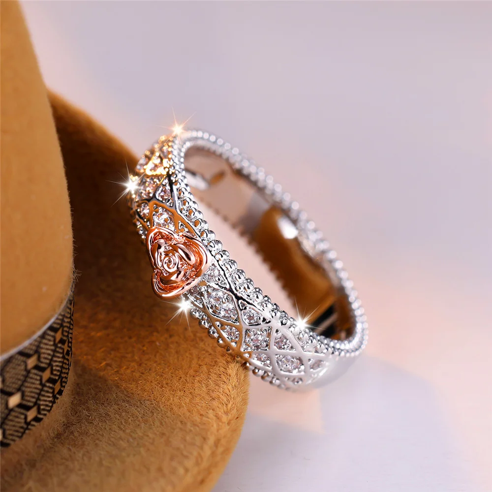 Cute Female White Stone Rose Flower Ring Vintage Silver Color Wedding Jewelry For Women