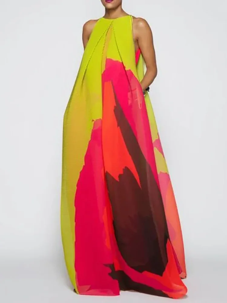 

Bohohipei 2024 New Summer Beach Style Sleeveless Maxi Dresses Women Fashion Multi-Colored Printed Loose Vacation Long Dress