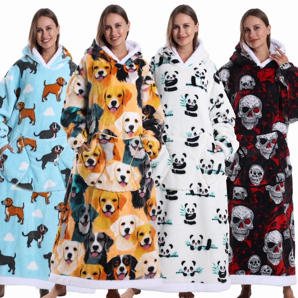 Cobertor wearable dos desenhos animados para mulheres homens inverno homewear pijamas flanela à prova de frio longo hoodies oversized gigante cobertor de tv
