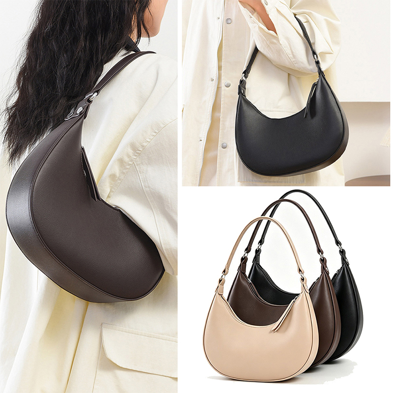 Trendy Crescent Bag For Women, PU Leather Underarm Purse, Roomy Hobo Handbag With Zipper For Everyday Use Solid Color