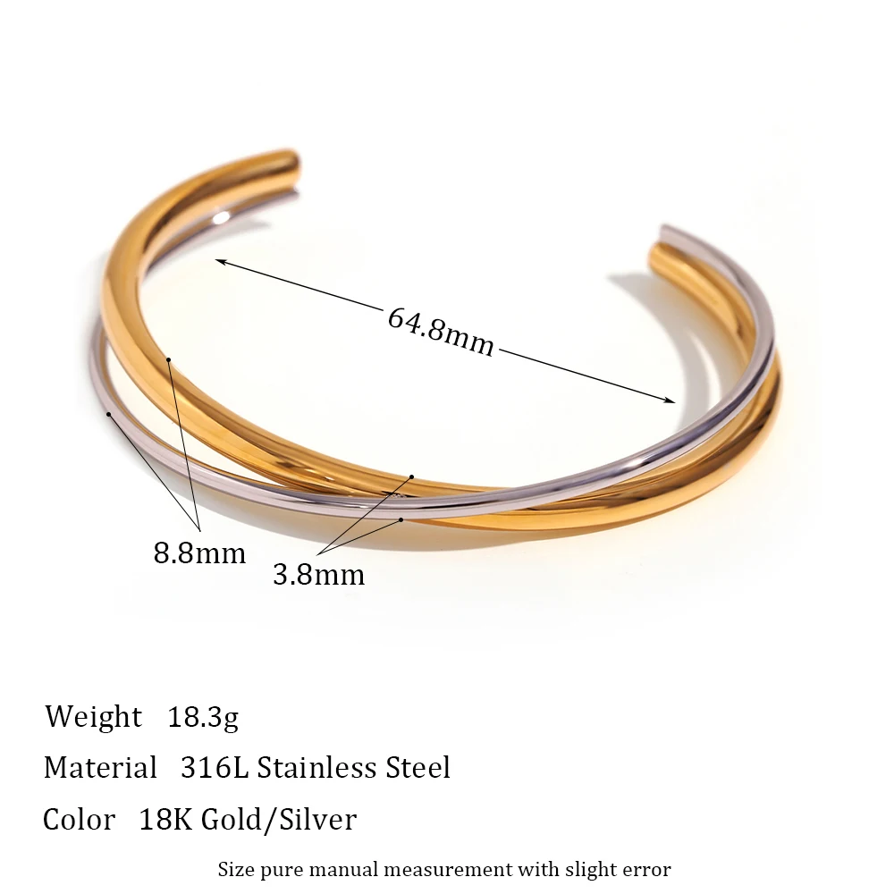 Shcyee Bracciale Rigido Intrecciato In Acciaio Inox Per Donna - Due Tonalità Argento E Oro - Regolabile - 5