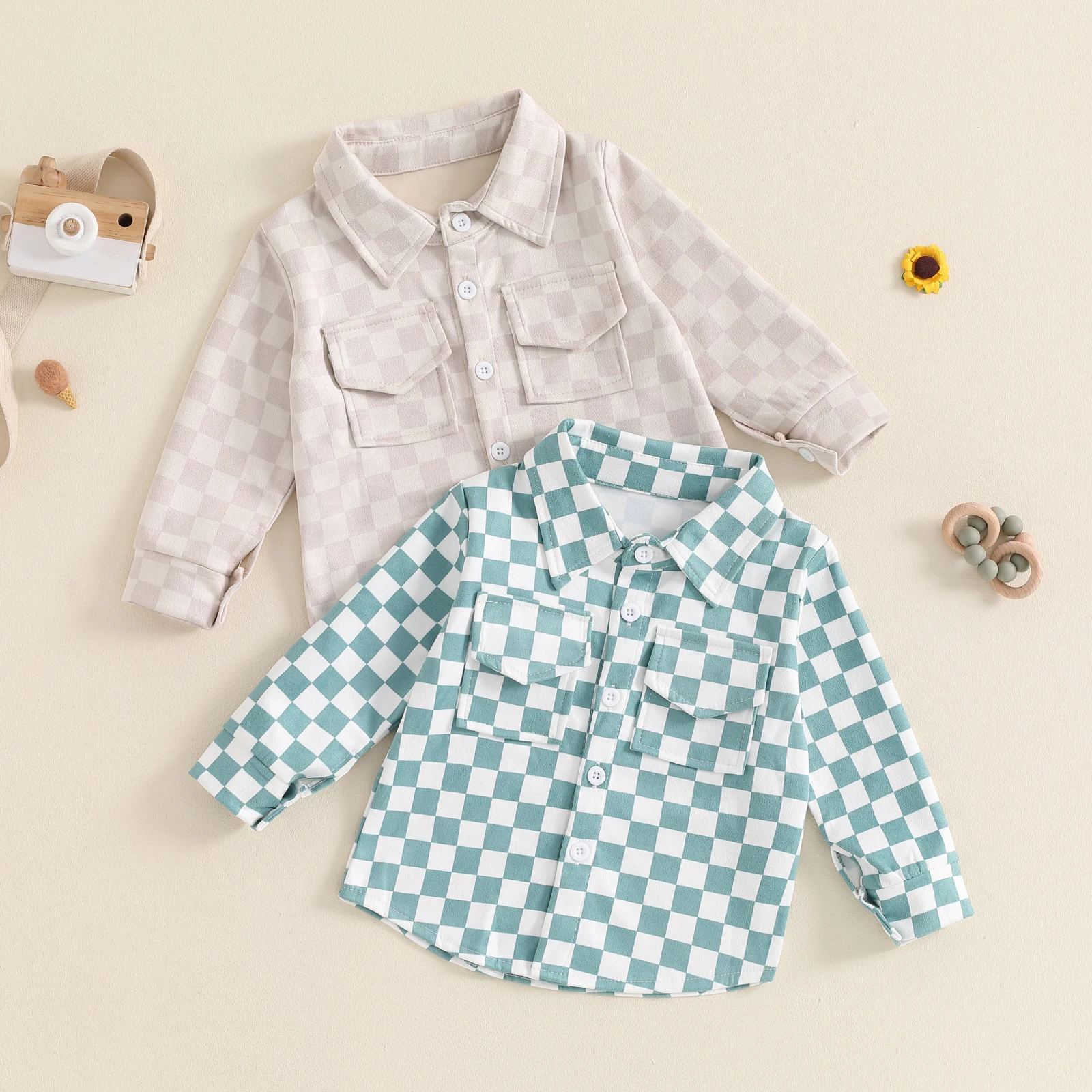 Children Baby Boy Lapel Neck Checkerboard Shirt Toddler Long Sleeve Button Down Shirt with Pockets Toddler Casual Loose Jacket