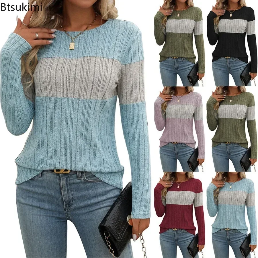 Women's Autumn Winter Long Sleeve O-neck Striped T-shirts Elegant Color Block Pullover Tops Females All Match Casual Blouse Tees