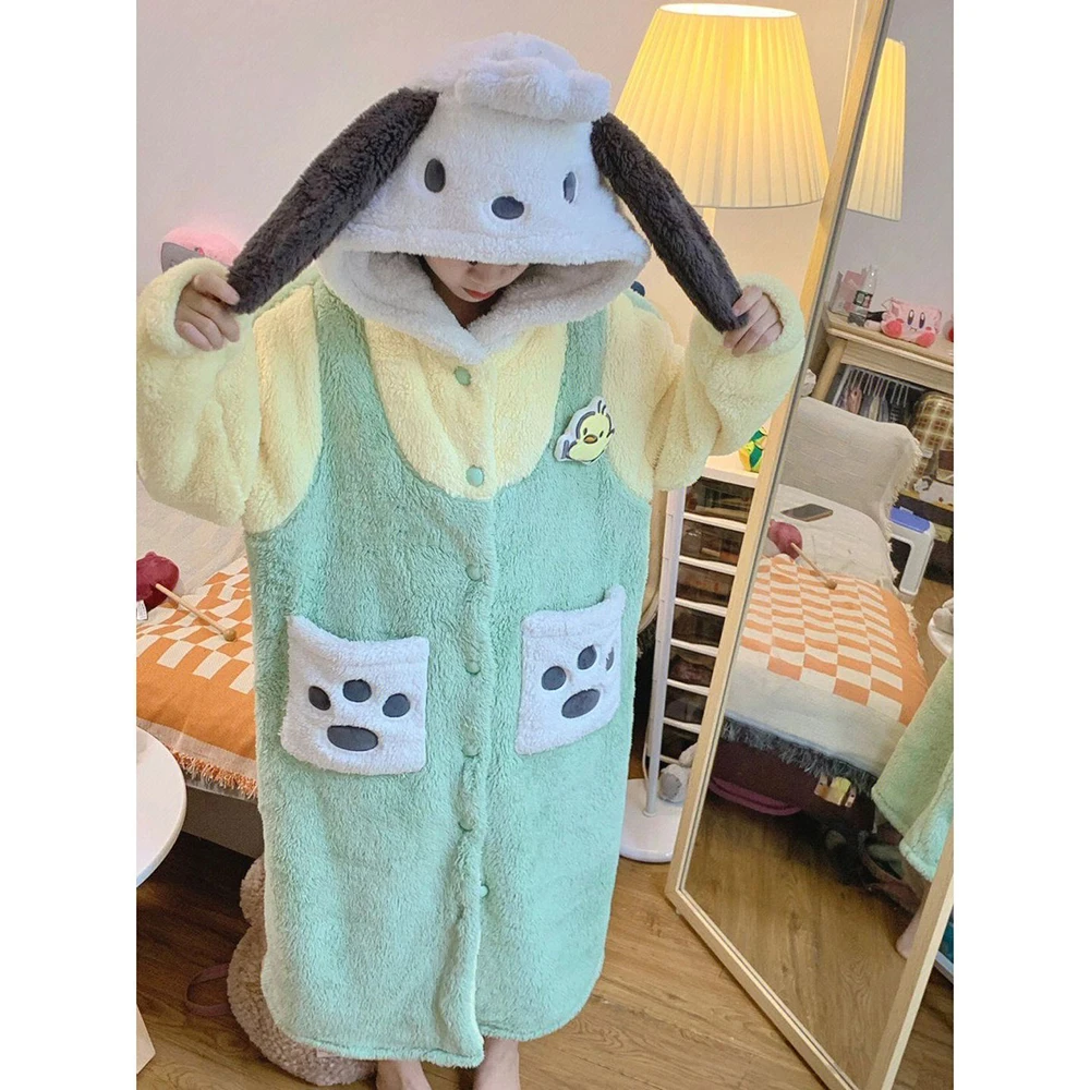Winter Nightdress Warm Nightgown Coral Fleece Women Animal Dog Cosplay Pajamas Sleepdress Flannel Long-sleeve Home Wear Nighties