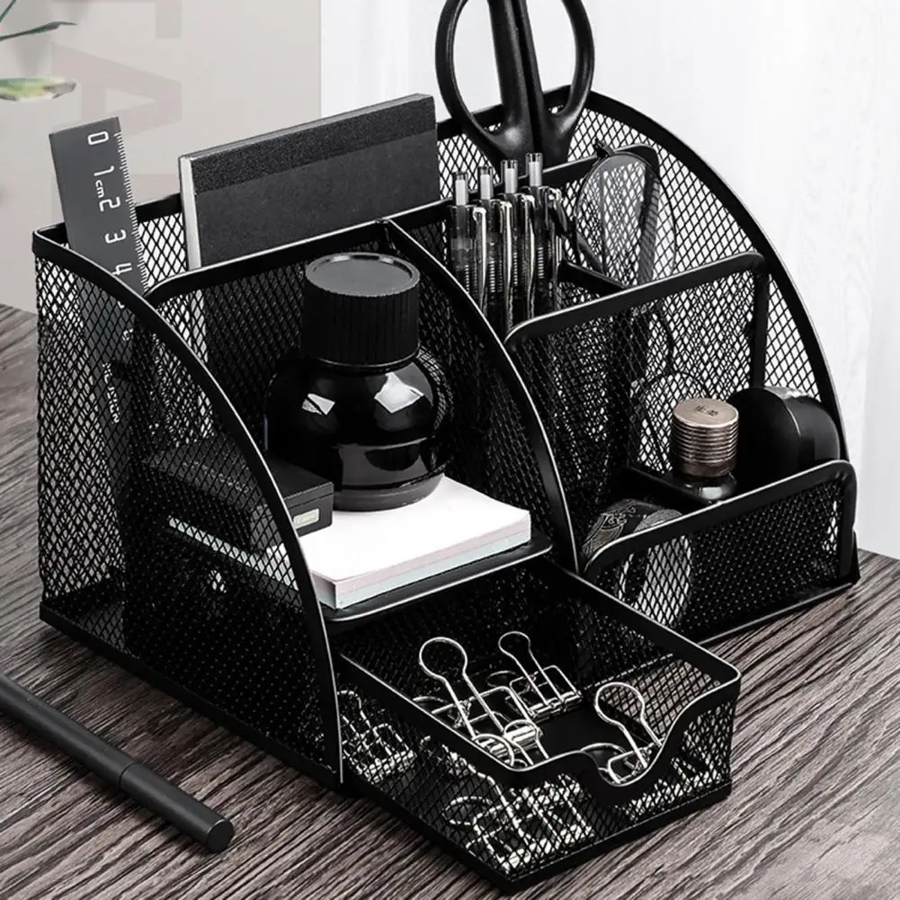 Pen Holder Office Desktop Storage Box Metal Mesh Square Divided Container with Multiple Compartments