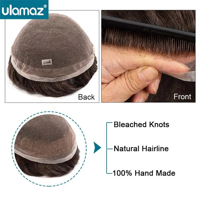 Bleach Knots Lace Front Male Hair Prosthesis Man Wig Human Hair French Lace Toupee Wigs For Men Full System Men's Wig human hair toupee