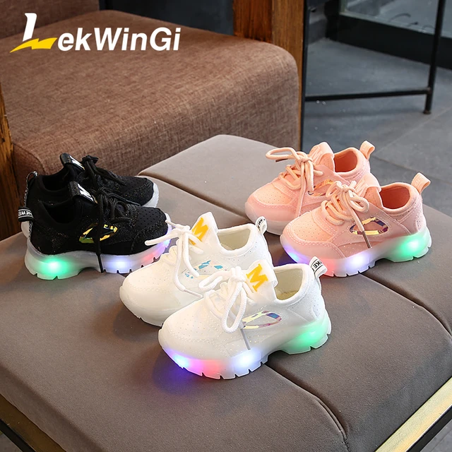 Zapatillas brillantes para niña, zapatos informales cordones de malla, transpirables con luces LED intermitentes, talla 21-30 _ - AliExpress Mobile